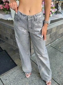 Carolina Barros Women's Pocketed Silver Foil Washed Straight Leg Jeans Fall Women Clothes