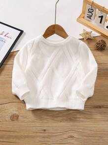 幼儿男童圆领长袖条纹菱形图案套头休闲毛衣 - 白色 - 查看 1