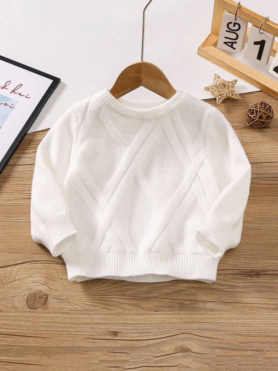 幼儿男童圆领长袖条纹菱形图案套头休闲毛衣 - 白色 - 查看 1