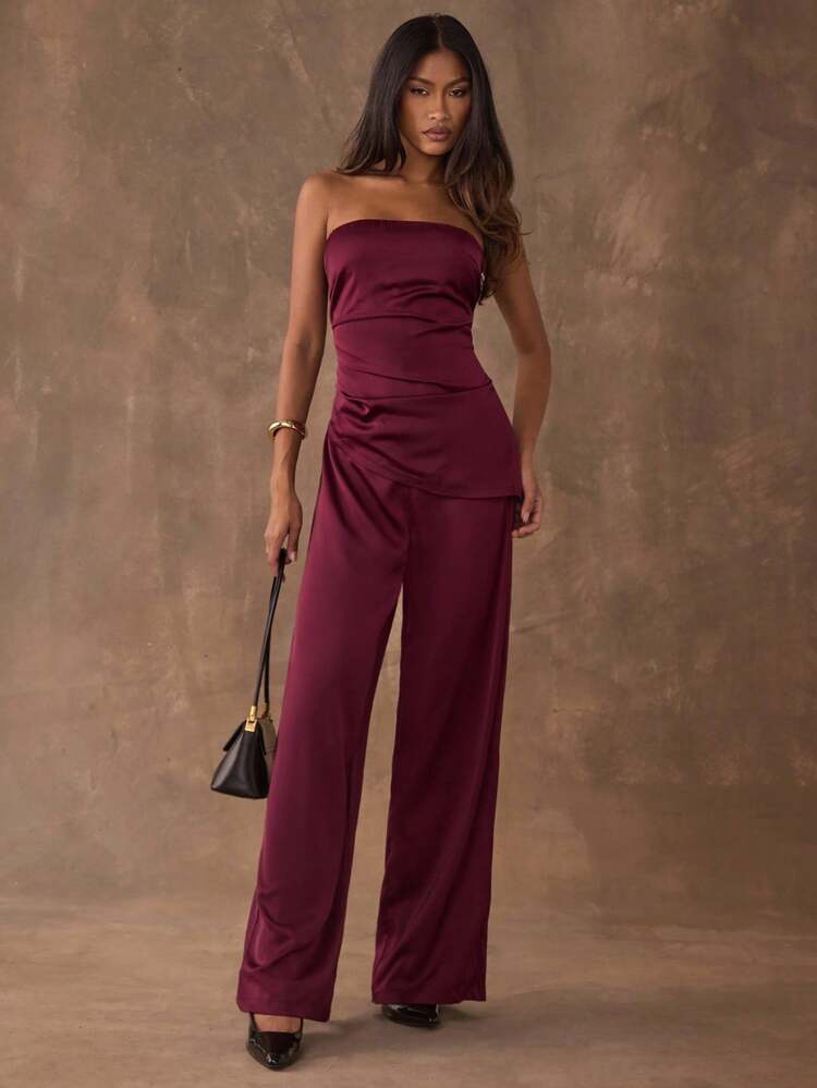 SHEIN BAE Conjunto de Top Tubular e Calça de Cor Sólida Elegante e Assimétrica para Uso Diário no Verão - Vinho - Visão 7