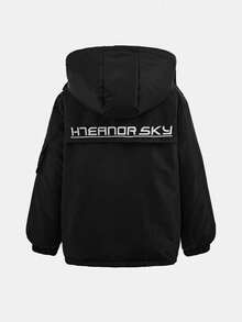SHEIN 男童宽松休闲简约舒适连帽套头衫，带大口袋和字母印花，加厚面料，适合秋冬季节穿着。 - 黑色 - 查看 3
