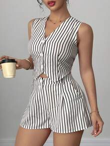 SHEIN PETITE 2件套小码女士夏季条纹休闲背心和短裤套装 - 黑與白 - 查看 6