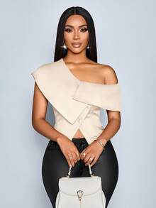 SOLERSUN Women's Spring Summer Elegant Old Money OfficeBusiness Casual Off Shoulder Asymmetrical Single-Breasted Blouse - Apricot - View 4