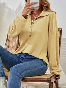 SHEIN LUNE Casual Loose Fit Solid Color Drop Shoulder T-Shirt, Spring/Autumn - Pale Yellow - View 5