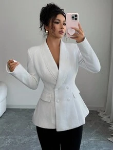 Elenzga Áo khoác ngoài cổ chữ V sâu hai hàng khuy cao cấp phong cách Pháp thanh lịch dành cho nữ, Xuân/Thu - trắng - Xem 4