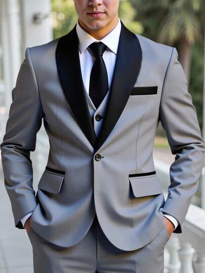 SHEIN 3pcs Teen Boy Gentleman Suit Set - Sophisticated Gray Contrast Collar Blazer + Slim Fit Vest + Elegant Trousers, High-End Formal Outfit Suitable For Birthday Party, Prom, Wedding, Graduation,Halloween,Christmas Fall Winter