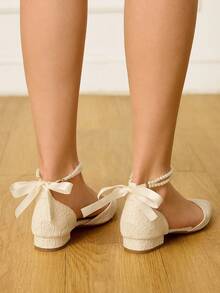 CUCCOO HITCHD 杏色仿珍珠蝴蝶结蕾丝女士平底鞋，低跟，舒适，优雅，适合婚礼、圣诞节等场合，镂空平底鞋，优雅婚鞋，春季鞋，新娘鞋 - 杏色 - 查看 13