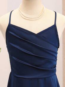 优雅藏蓝色交叉露背吊带连衣裙，适合少女秋冬季穿着 - 藏蓝色 - 查看 8