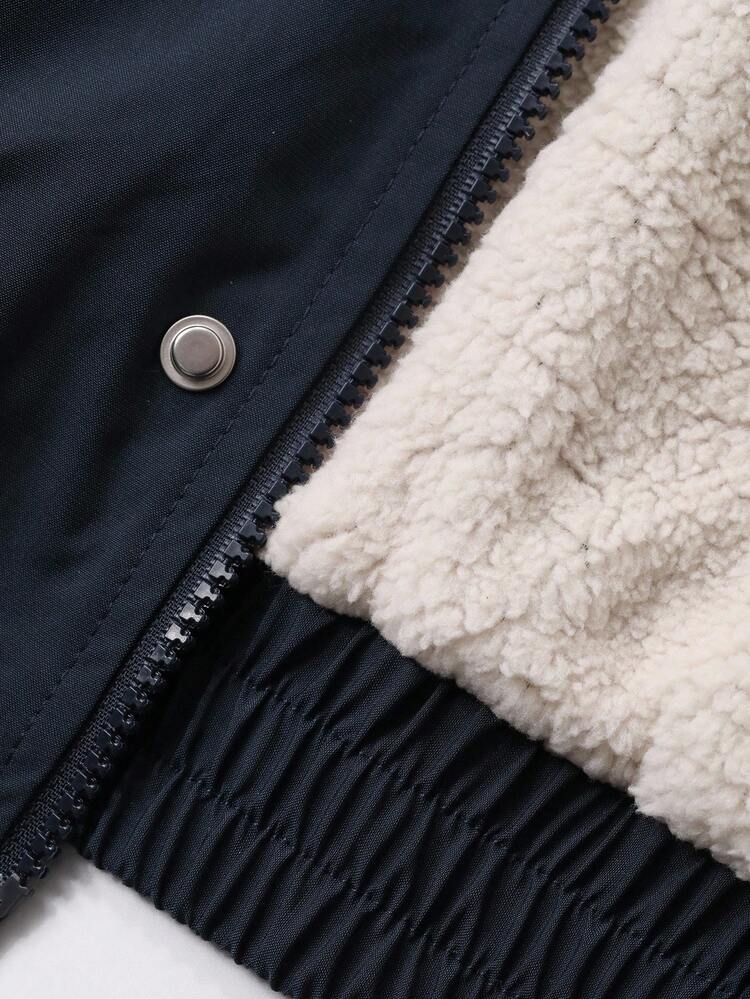 Dazy Plus Thickened Thermal Lined Contrast Color Block Sherpa Pattern Zip-Up Loose Fit Stand Collar Long Sleeve Jacket, Plus Size For Women, Autumn/Winter Thermal Lined Women Coats