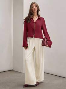 COSMINA 女式纯色卡其色前系带长袖简约商务休闲工作衬衫、秋季休闲日常装、长袖上衣 - 酒紅色 - 查看 9