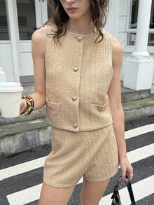 ATUI Studio Débardeur court élégant et minimaliste avec bouton de poche, convient pour les déplacements quotidiens - Beige - Voir 5