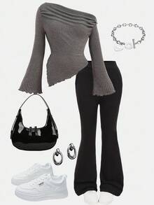 Girlism 少女不对称下摆荷叶边 T 恤和纯黑色喇叭裤两件套服装，休闲简约，秋季服装 - 彩色 - 查看 1