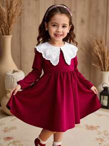 SHEIN Elladie kids Young Girls' Burgundy Velvet Dress, Autumn Christening Elegant Nancy Red Christmas Dress Featuring White Lace Trim Collar, Soft Lustrous Kids - Burgundy - View 6