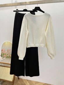 Franclia Setelan 2 potong warna teh, sweater rajut pendek leher persegi yang manis dan celana rajut lebar serbaguna, Musim Gugur - Hitam dan Putih - View 2