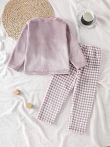SHEIN Genkimix Kids 2件套女童毛绒格子长袖上衣和裤子休闲舒适柔软睡衣套装