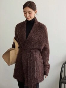 Dazy-Less Women's Thick Fleece Loose Business Casual Tie-Up Cinched Waist Knit Cardigan, Suitable For Office Wear In Autumn & Winter - Brown - View 4