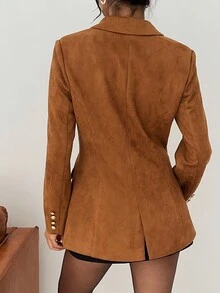 SHEIN EZwear Women's Autumn New Brown Suede Blazer Jacket, Waist Cinched, Vintage Style - Brown - View 2