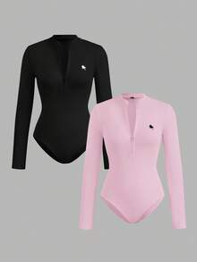 SHEIN EZwear Bộ đồ liền thân cổ cao có khóa kéo họa tiết ngựa con dành cho nữ, áo liền thân dài tay thường ngày, thu/đông - Nhiều màu - Xem 9