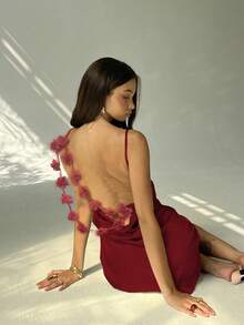 Aloruh Women's Sexy Open Back Floral Decor Draped Neck Elegant Color Block Mini Dress - Burgundy - View 3