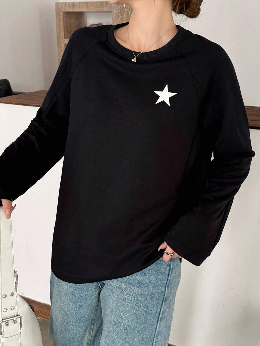 SHEIN 青少年女孩黑色针织星星印花休闲宽松插肩袖 T 恤 Y2K、春秋冬、返校季 - 黑色 - 查看 1