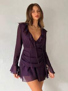 Aloruh Women's Elegant Sexy Deep V Ruffle Waist Cinched Waist Flare Sleeve Purple Mini Dress,Fall Dresses For Women, Women Night Out Dress,Women Dating Dress