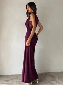 Aloruh Women's Elegant Drap Neck Fitted Lace Pathwork Maxi Dress,Women Night Out Wedding Guest ,Sun Dresses For Women,Fall - Purple - View 4