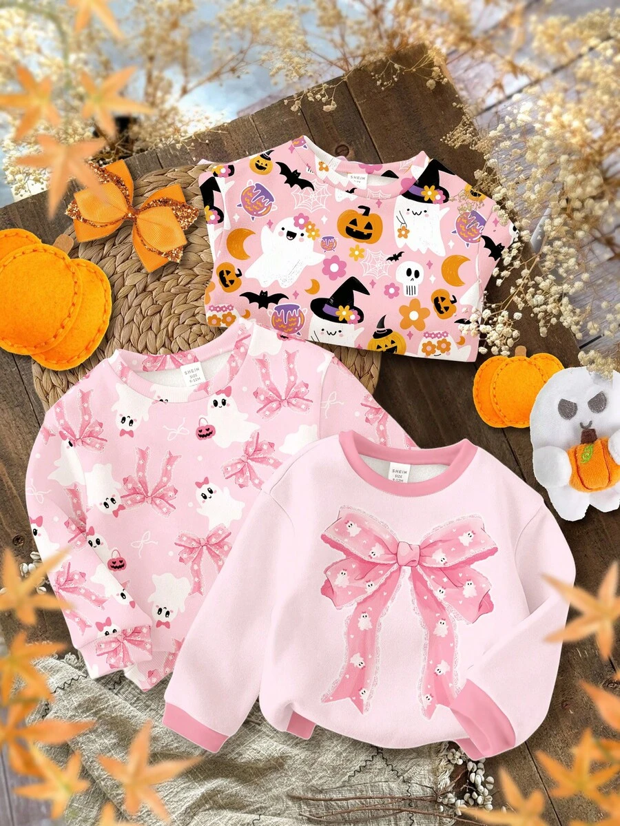 SHEIN 可爱的奶油粉色万圣节蝴蝶结，南瓜蜘蛛蝙蝠女巫印花，女婴休闲宽松舒适针织圆领套头衫，尖叫户外野餐、郊游、街头风格、家居 - 彩色 - 查看 1