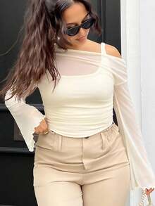 NegzBox Top pour femmes à manches longues en mesh épaules dénudées et manches trompette 2 en 1, couleur abricot, style western, vintage, des années 70, le bachelorette