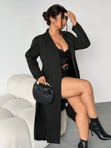 Firerie Plus Size Elegant Black Summer Formal Mandarin Collar Double Breasted Blazer Dress Women,Long Sleeve Flared Hem Tuxedo Jacket For Party,Weddings - Black - View 7