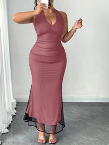 SHEIN PETITE Mesh Double Layer Halter Maxi Fish Tail Dress, Elegant Plus Size & Petite Summer Dress - Multicolor - View 4