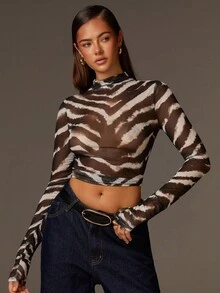 Athîral 女士时尚性感撞色印花短款上衣 - 棕色 - 查看 3