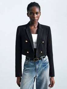 Maija 2026 Spring/Summer Women's Solid Color Lapel NeckLong Sleeve Double-Breasted Casual Blazer Jacket, Autumn - Black - View 4