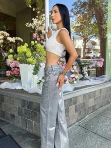 Carolina Barros Women's Pocketed Silver Foil Washed Straight Leg Jeans Fall Women Clothes