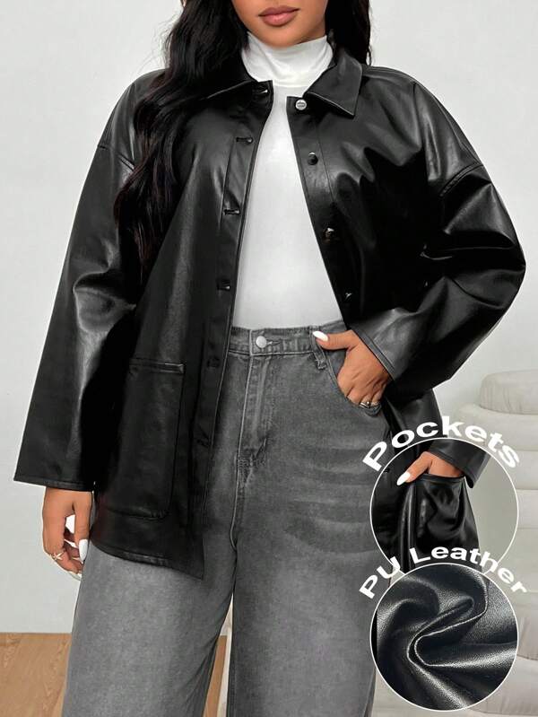SHEIN EZwear Chaqueta versátil de moda para mujer de talla grande, apta para otoño/invierno, vuelta al colegio, concierto country, rave, cuero sintético, abrigo con botones, salida nocturna, fiesta, estilo old money