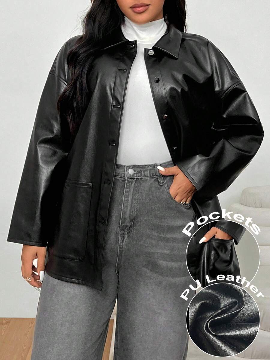 SHEIN EZwear Chaqueta versátil de moda para mujer de talla grande, apta para otoño/invierno, vuelta al colegio, concierto country, rave, cuero sintético, abrigo con botones, salida nocturna, fiesta, estilo old money - Negro - Ver 1