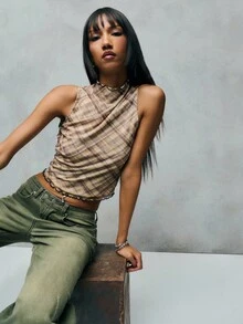 TypaGal Beige Summer Plaid Sleeveless Top Lettuce-Edge Trim Fall ...