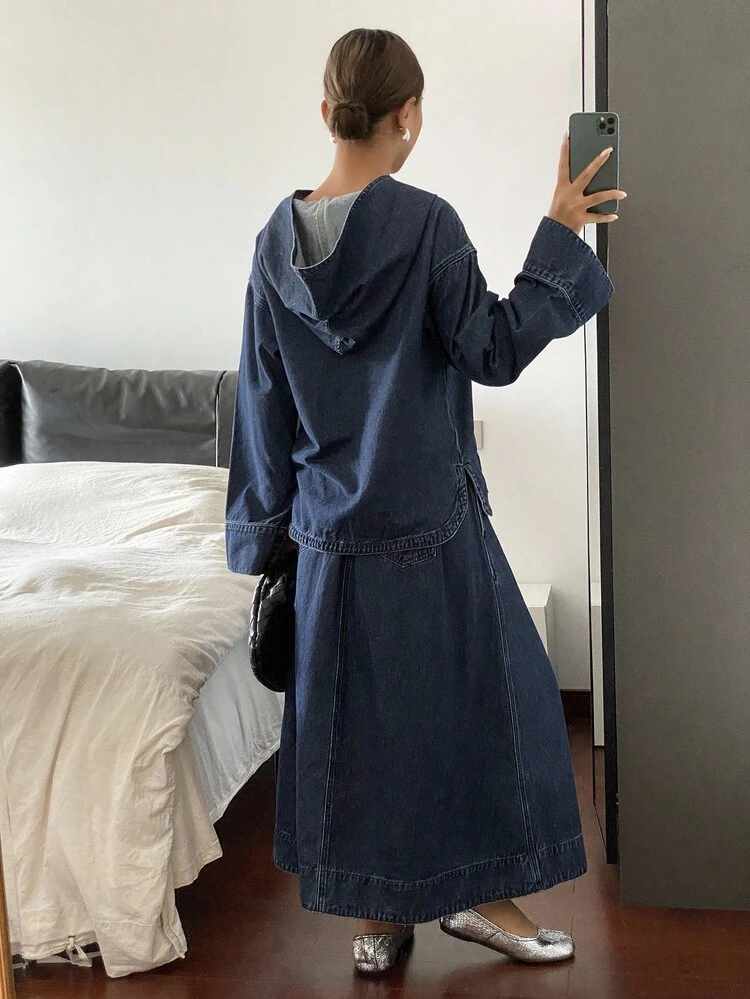 Women's V-Neck Hooded Top And Loose Denim Skirt Set, Summer