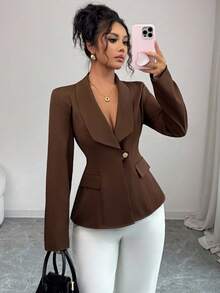 Elenzga 新款女式缺口领长袖梭织纯色前开仿口袋设计通勤休闲修身优雅年轻女士夹克，春秋季 - 棕色 - 查看 5