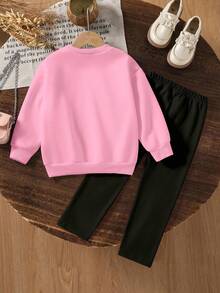 Young Girls 2Pcs Set Light Pink Knit Crew Neck Loose Logo Print Sweatshirt And Leggings,Back-To-School Autumn School Clothes,Casual Autumn Outfit - Multicolor - View 2