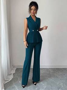 Selianne 2 piezas Conjunto de traje elegante y romántico de mujer con pliegues y línea A sin mangas - Agua verde azul - Ver 4