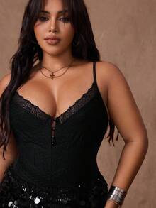 Rustia Plus Size Women Contrast Lace Button Design Sexy Bodysuit CASUAL - Black - View 7