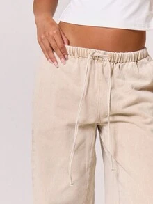 MUSERA Drawstring Waist Wide Leg Jeans Fall Winter Spring Summer - Apricot - View 5