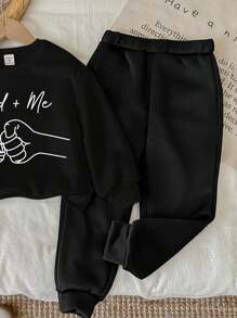 SHEIN Baby Boy Knitted Soft Classic Family Slogan, Dad+Me Fist Bump Print Crew Neck Casual Sweatshirt And Sweatpants Set, Thick For Autumn/Winter Fall - Black - View 5
