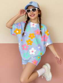 SHEIN Conjunto informal de 2 piezas de camiseta de manga corta y pantalones cortos minimalista para niñas preadolescentes, para verano - Multicolor - Ver 1