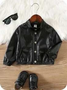 SHEIN 男婴/女婴休闲时尚皮革翻领黑色夹克，适合圣诞派对、秋冬季