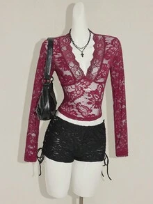 SHEIN ICON Women's Burgundy Lace Hippie Sheer Low-Cut V-Neck Long Flare Sleeve Top - Burgundy - View 1