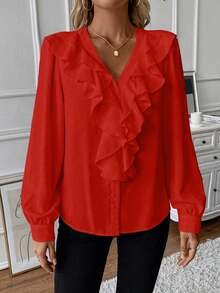 EMERY ROSE Áo sơ mi nữ tay lỡ viền bèo nhún - Đỏ - Xem 4