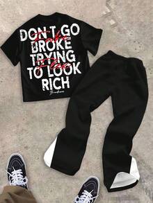 SHEIN 青少年男童圆领T恤和喇叭裤两件套，适合夏季，Y2K街头风青少年男童套装 - 宽松印花T恤和喇叭裤套装，朋克涂鸦，返校季，Z世代嘻哈复古运动套装 - 彩色 - 查看 2