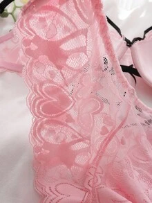 DelicateAllure 2件套女士蕾丝心形和蝴蝶结装饰时尚内衣套装 - 粉色 - 查看 4