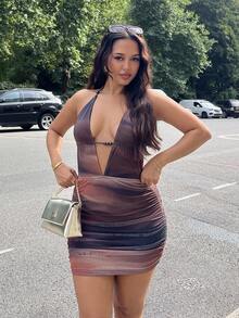 NegzBox Vestido mini con cuello en V profundo, estampado abstracto de tie-dye, espalda con lazo, ajuste ceñido y volantes en el bajo, sexy y de moda para fiestas, citas, té de la tarde, playa y vacaciones de verano - Multicolor - Ver 4